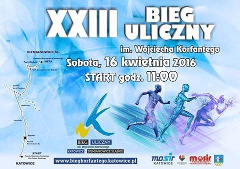 Plakat informujący o XXIII Biegu Ulicznym im. Wojciecha Korfantego
