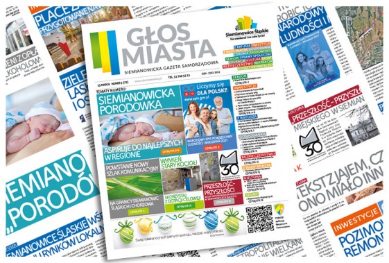 Grafika związana z marcowym wydaniem Głosu Miasta, siemianowickiej gazety samorządowej.