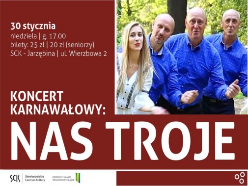 Na czerwonym tle zdjęcie z czterema członkami zespołu Nas Troje. Trzech męzczyzn ma niebieskie…