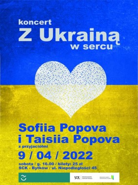 Zaproszenie na koncert Z Ukrainą w sercu. Tło w kolorach ukraińskiej flagi- niebieskim i żółtym.…