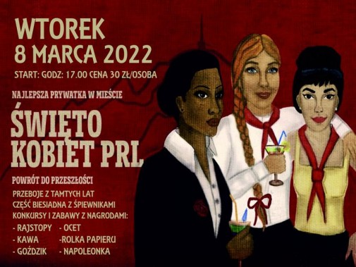 Na czerwonym tle sylwetki trzech uśmiechniętych kobiet. Na szyjach mają czerwone chustki, w…