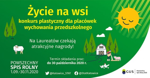 Plakat z napisem Życie na wsi konkurs plastyczny dla placówek wychowania przedszkolnego, drzewa,…