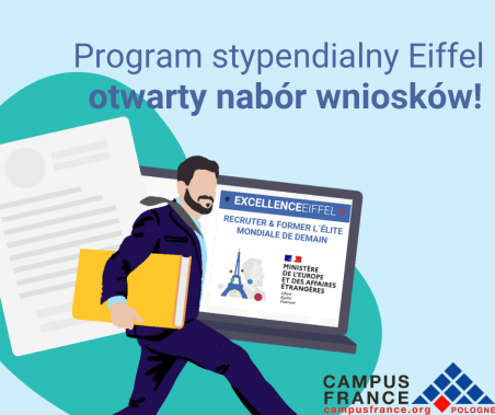 Afisz promujący program stypendialny - mężczyzna z książką pod pachą