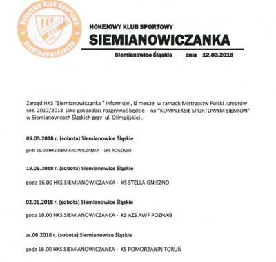 Harmonogram meczów Juniorów