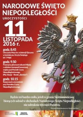 Plakat z okazji Narodowego Święta Niepodległości 2016 r.