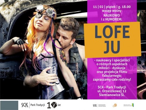 Na plakacie rudowłosa kobieta ubrana w undustrialny sposób. Tuż za nią stoi i całuje ją w ramię…