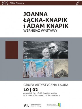 Plakat zapraszający ne wernisaż prac artystycznego małżeństwa. Na plakacie zdjęcie obojga…