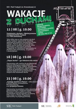 Afisz reklamujący Wakacje z duchami. Na pierwszym planie, na fioletowym tle 3 białe duchy , za…