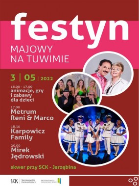 Na czerwonym tle kółka w których umieszczone są wizerunki występujących na festynie artystów.…