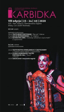 Plakat przedstawia aktorkę siedzącą na krześle. Obok znajduje się program Festiwalu Teatralnego…