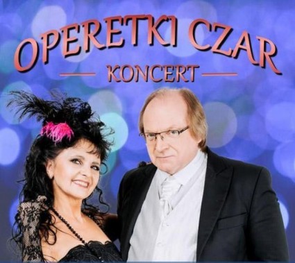 Na zdjęciu,  na niebieskim tle artyści operetkowi - Ewa Mierzyńska sopran i Andrzej Smagór baryton