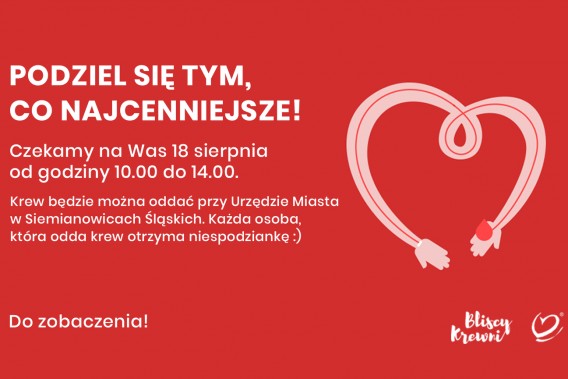 Ulotka czerwonego koloru, zachęcająca do uczestnictwa w akcji krwiodawstwa.