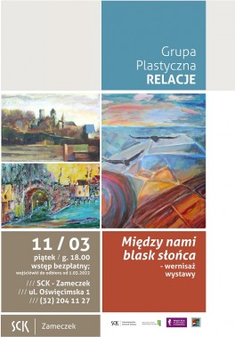 Plakat informacyjny zapraszajacy na wernisaż Grupy Relacje. Na plakacie trzy reprodukcje obrazów…