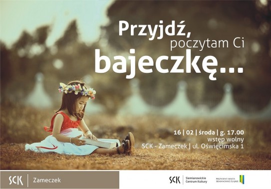 Plakat informacyjny z napisem przyjdź poczytam ci bajeczkę na tle zdjęcia z siedzącą na trawie…