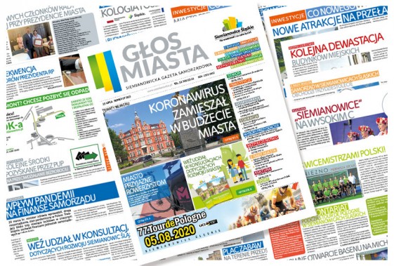Grafika przedstawiająca kolejne po sobie wydania siemianowickiej gazety samorządowej Głos Miasta.