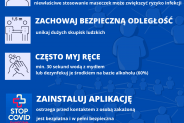 Ulotka informująca o zasadach związanych z bezpieczeństwem covidowym.