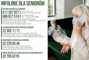 Plakat infolinii dla seniorów - starsza pani rozmawiająca przez telefon