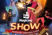 Kolorowy afisz zapraszający na magiczny show dla dzieci. W centrum postać magika w cylindrze, z…