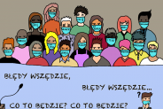 Rysunek: maseczki z wypisanymi błędnie wyrazami