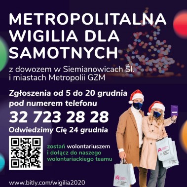 Plakat akcji z sylwetkami dwojga wolontariuszy w mikołajkowych czapeczkach