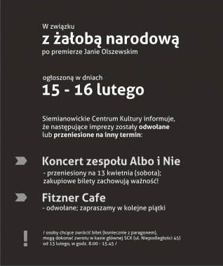 Imprezy odwołane w związku z żałobą narodową