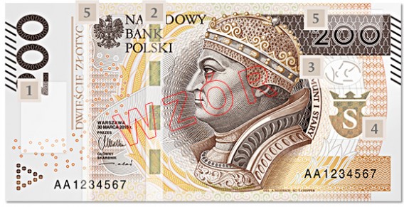 Awers banknotu 200 zł ze zmodernizowanymi zabezpieczeniami